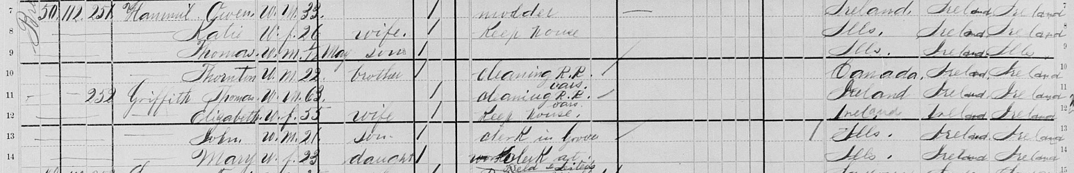Close-up of Owen Hamall household showing Owen, Kate, Thomas, and Thornton Hammil listed as brother