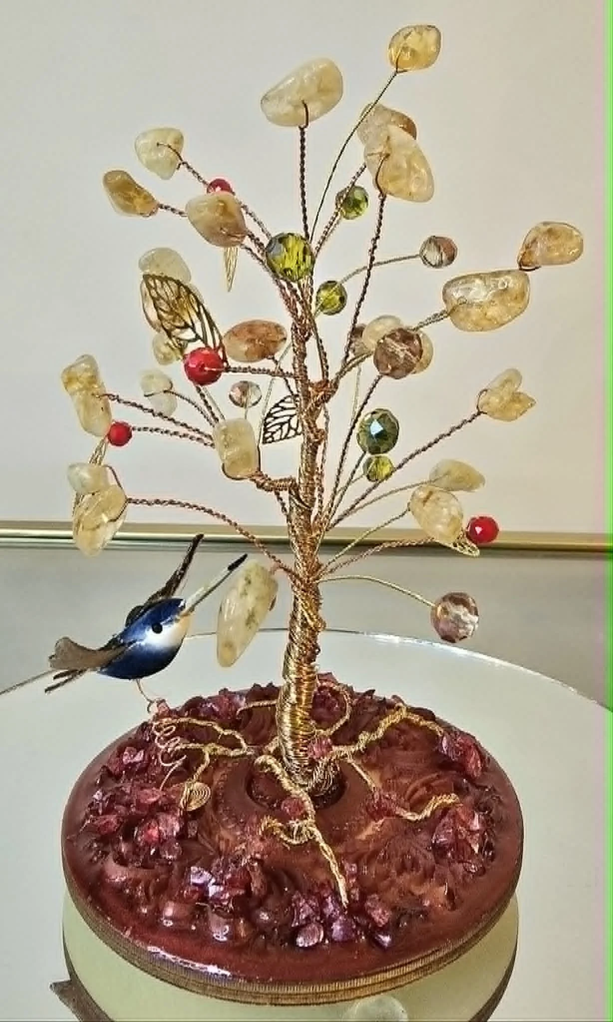 Arbre de Vie en Cuivre avec Pierres de Citrine et Oiseau Bleu