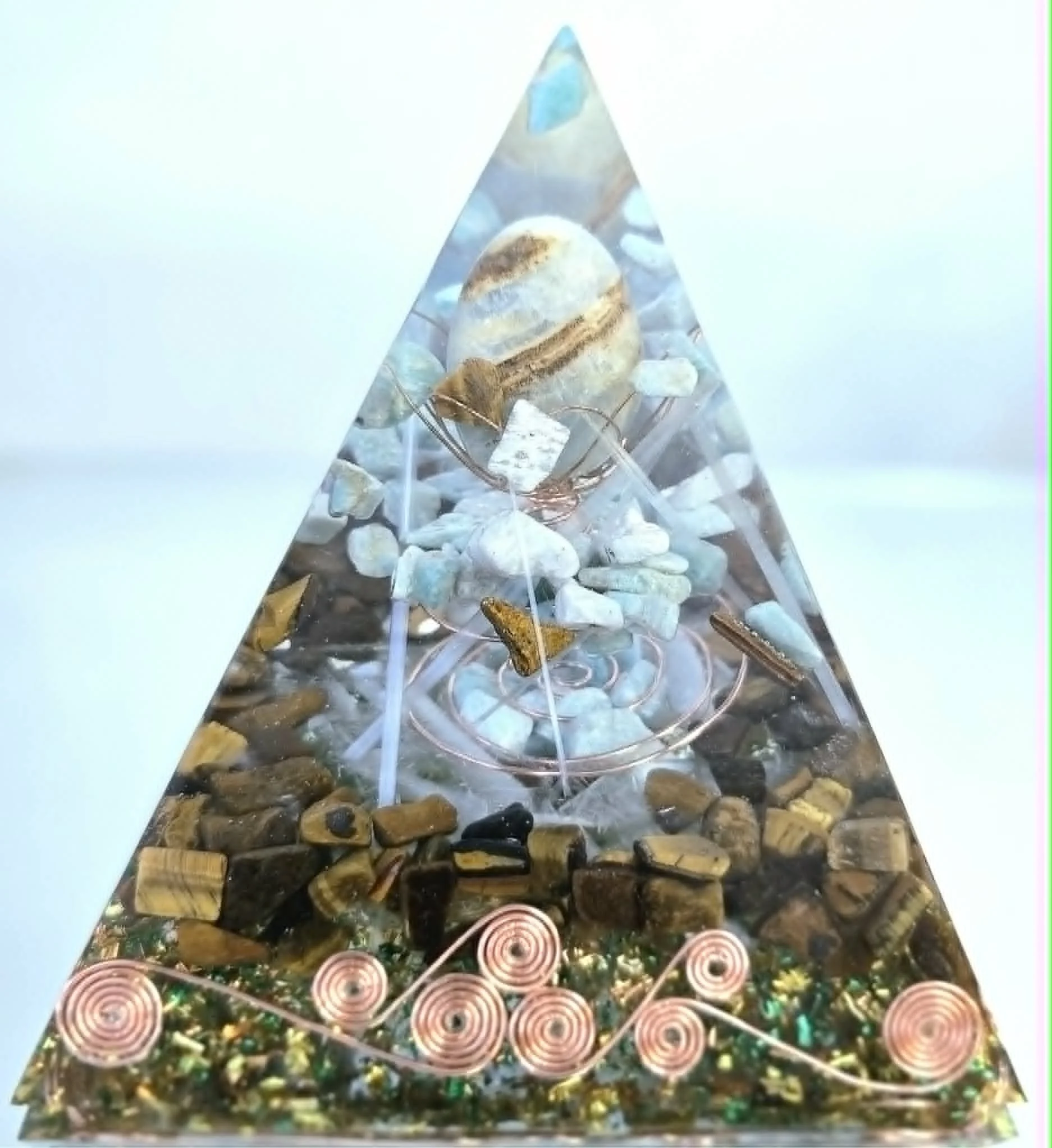 Pyramide Énergétique en Onyx Bleu, Amazonite et Œil de Tigre
