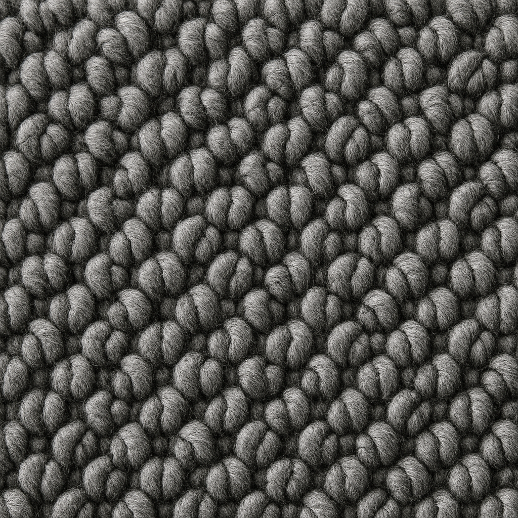 Close-up of a textured gray carpet with tightly packed loops.