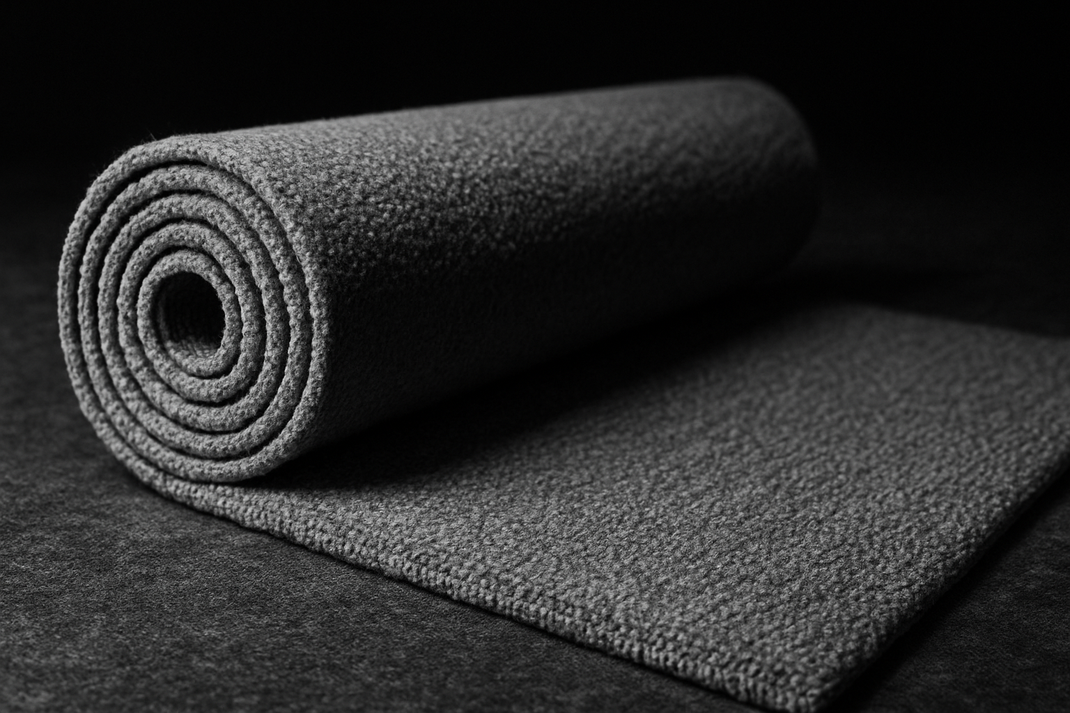 A rolled-up black yoga mat on a dark surface.