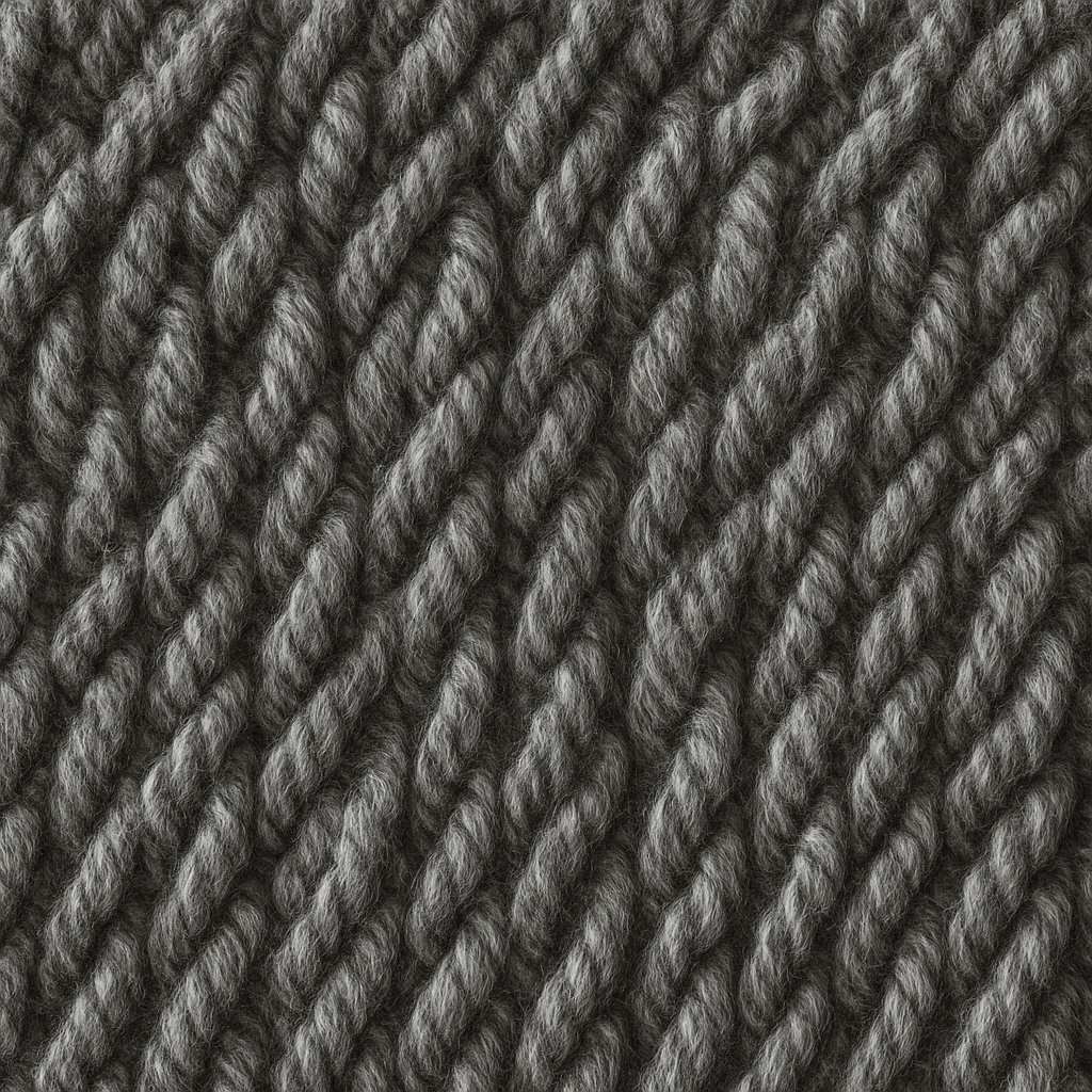 Close-up of gray yarn, showing twisted fibers and texture.