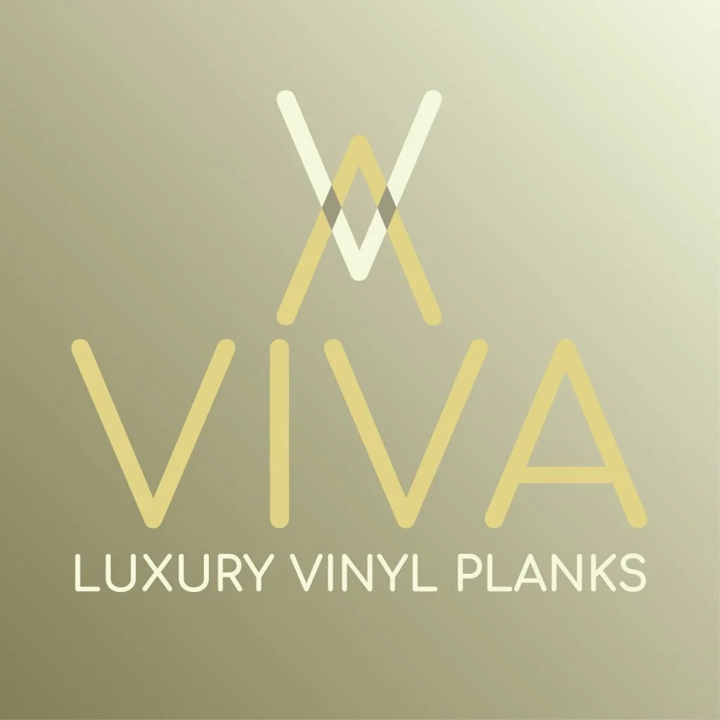 Logo for VIVA Luxury Vinyl Planks featuring a stylized V in white and yellow, with the company name and description in a modern font on a gradient background.