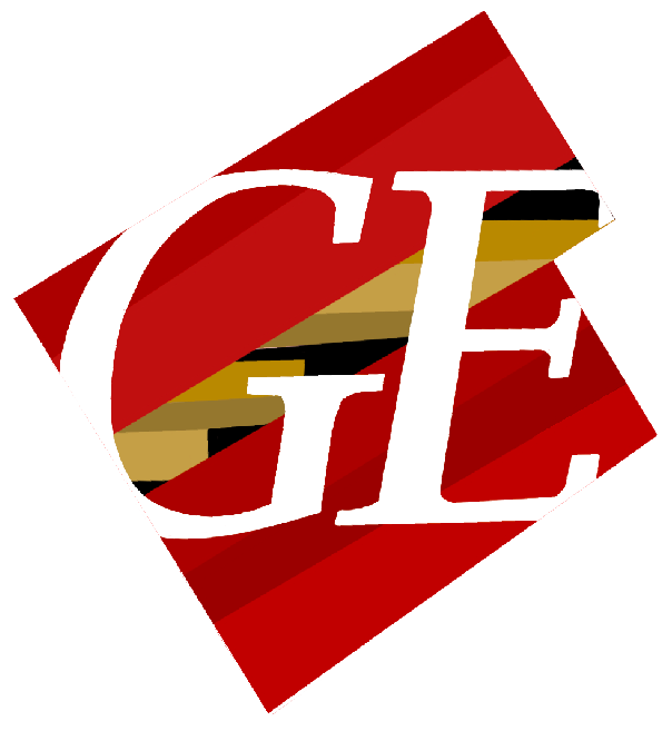 Red background with a diagonal stripe pattern, white initials "GE" overlayed.