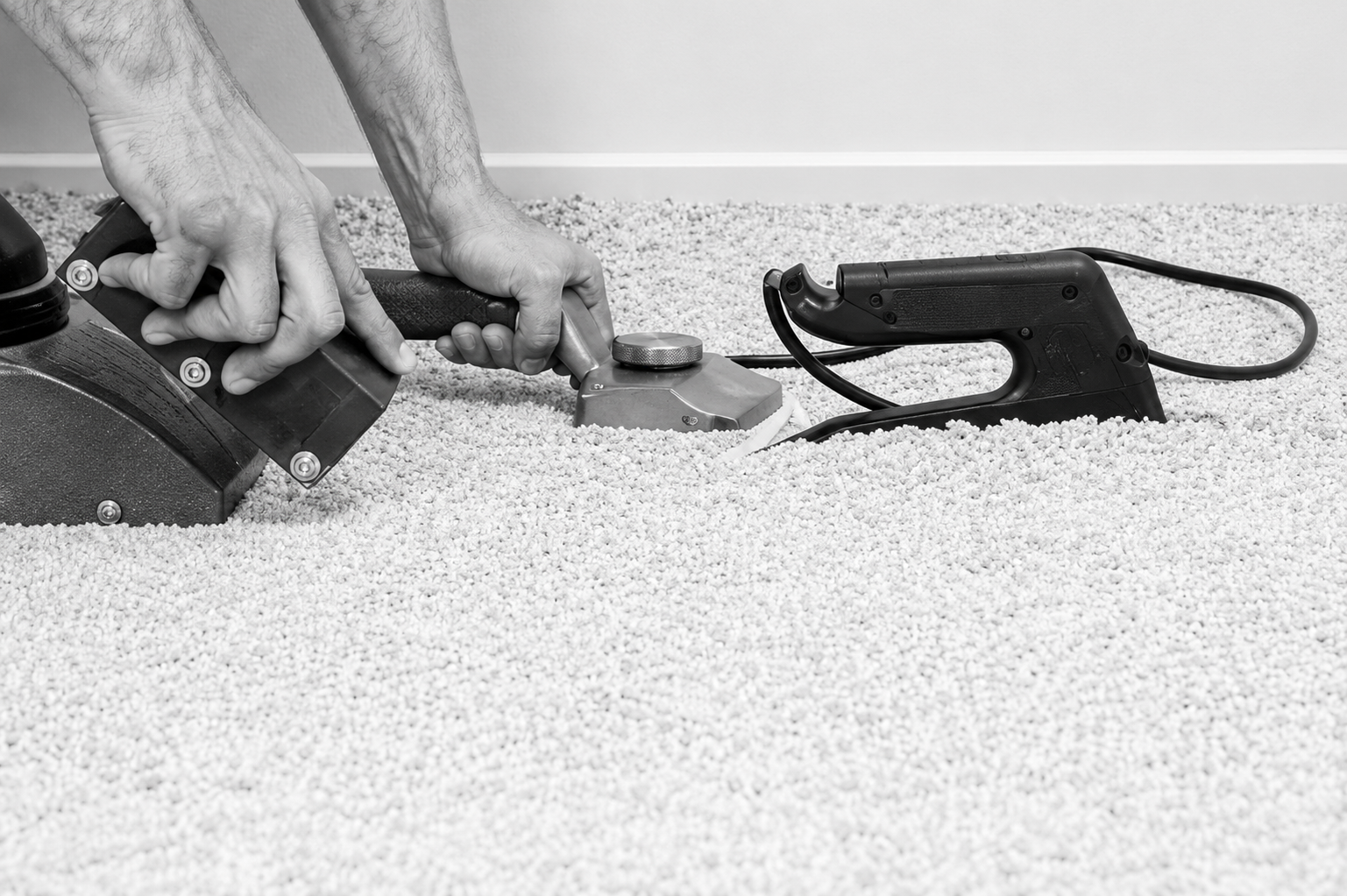 Person cleaning or installing carpet with a handheld steam cleaner in a room with a carpeted floor.