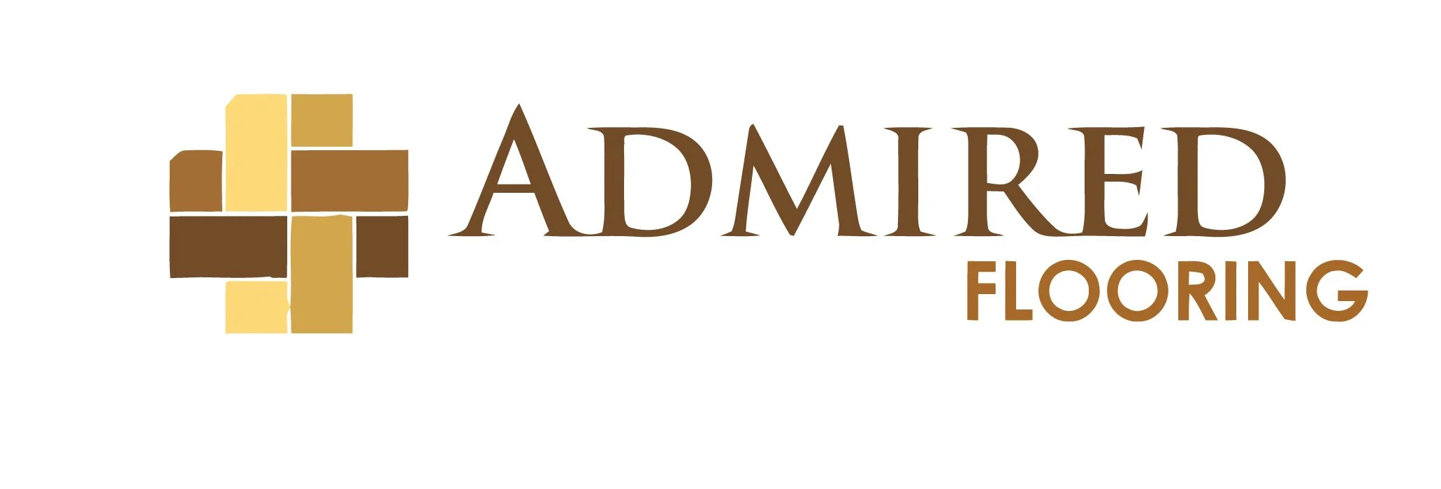 Logo for Admired Flooring featuring a stylized cross made of various shades of brown and gold tiles, with the company name in brown and tan text.