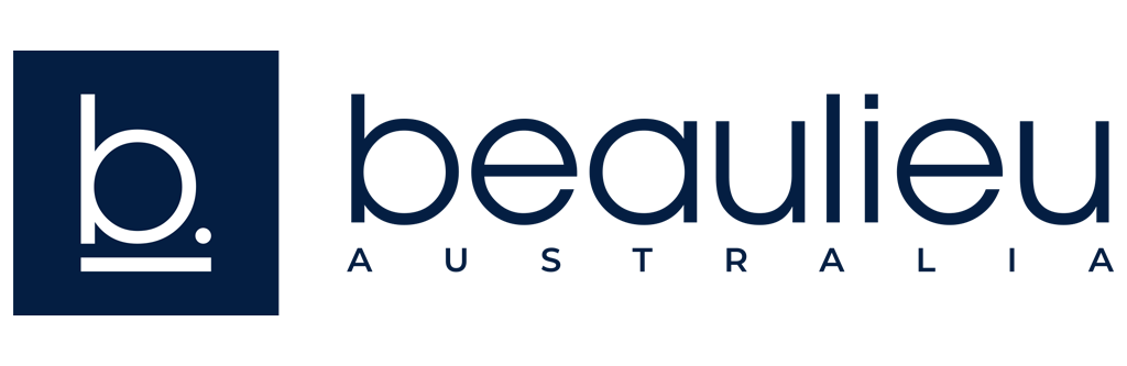 Beaulieu Australia logo with a navy blue square containing a lowercase 'b.' and a line underneath, followed by the text 'beaulieu' in navy blue, with 'AUSTRALIA' below in smaller uppercase letters.