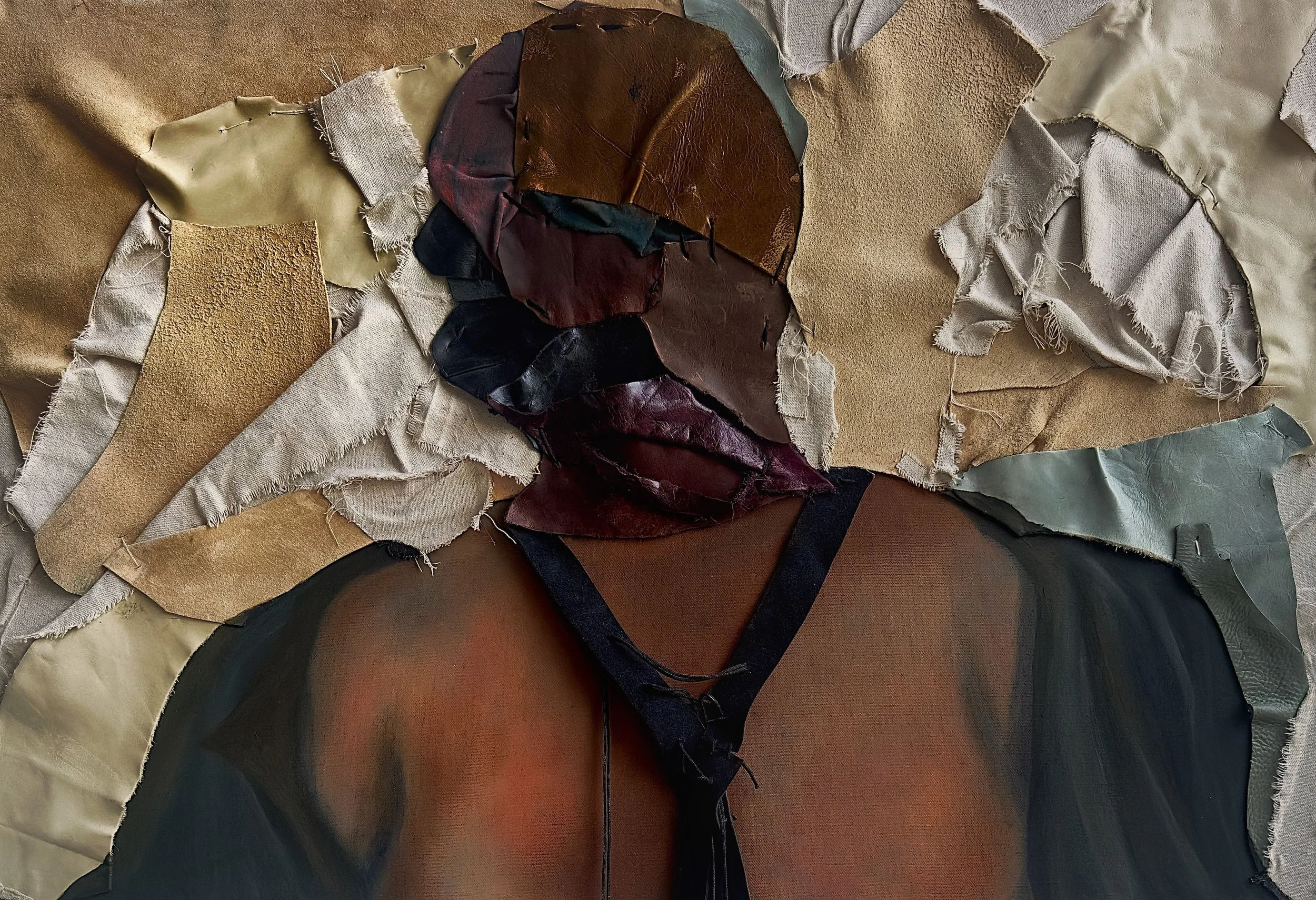 Suffocating Surroundings, Oil, leather, and fabric on canvas, 24" x 36", 2024