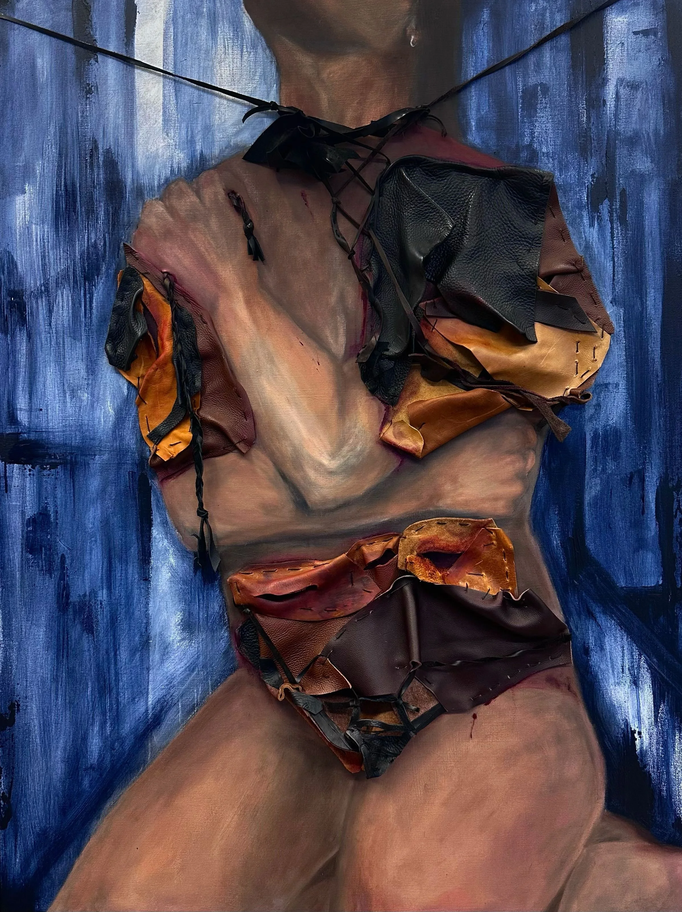 Kneeling, Healing, Concealing, Oil, acrylic, and leather on canvas, 36" x 48", 2025