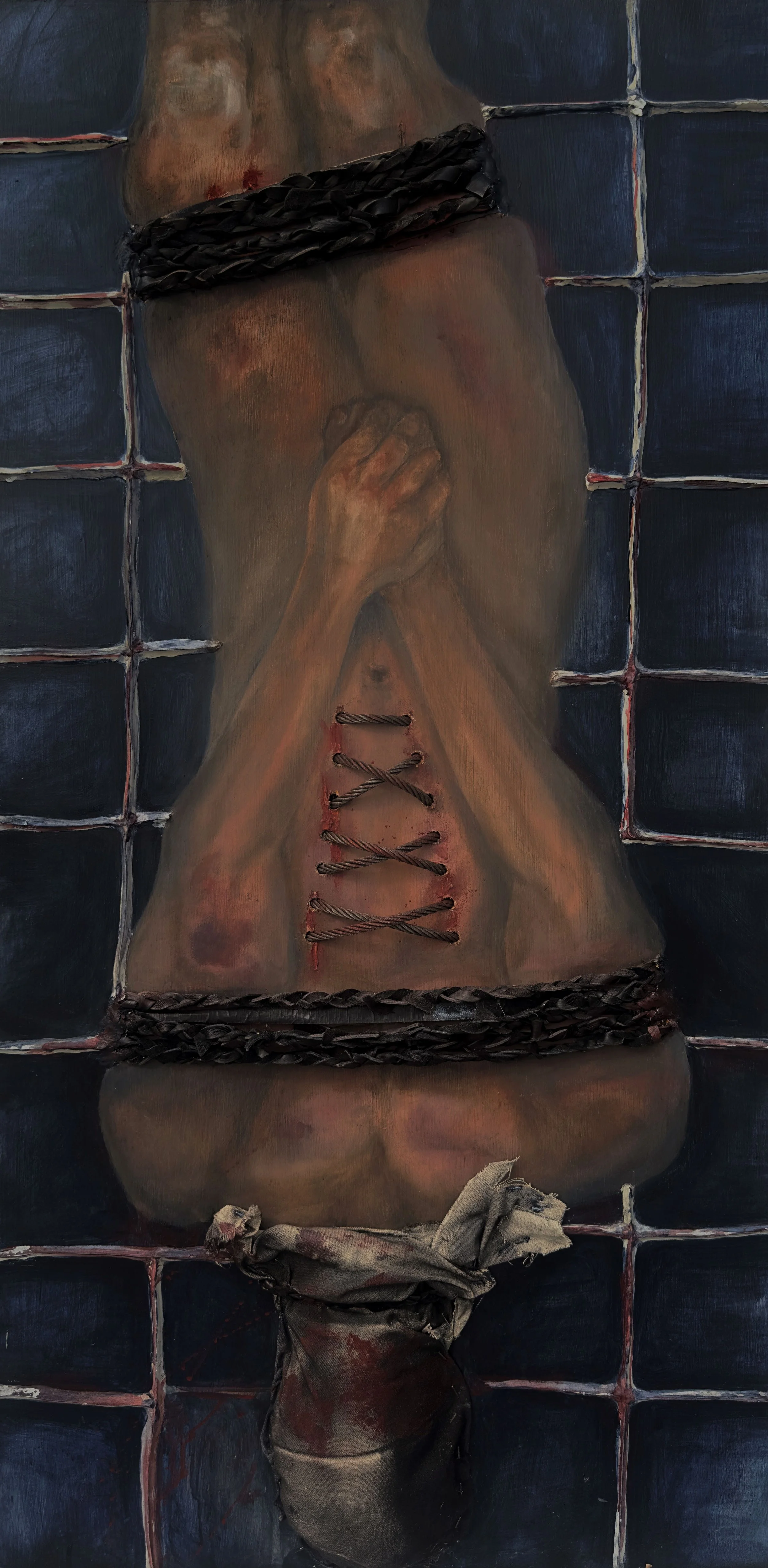 Detaining Outbursts, Oil, acrylic, metal, leather, fabric, molding clay on wood, 24" x 48", 2025