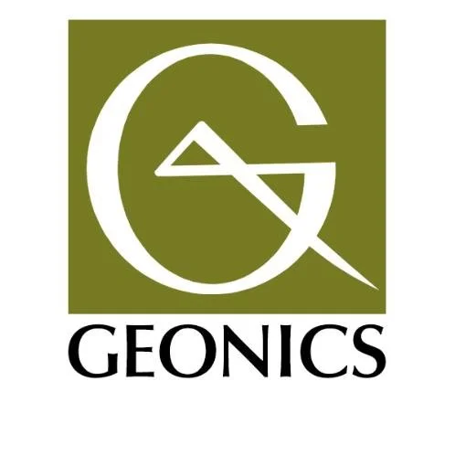 Logo with a large white letter 'G' and a stylized arrow crossing through it, with the word 'GEONICS' below in black text.
