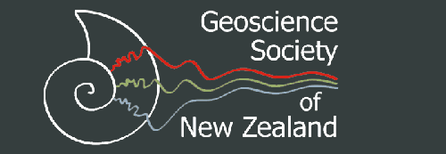 Logo of the Geoscience Society of New Zealand featuring a spiral shell with colored lines representing seismic waves.