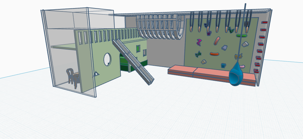 3D rendering of an indoor playground with climbing walls, a slide, hanging ropes, a swing, and a small playhouse area, all enclosed with transparent walls.