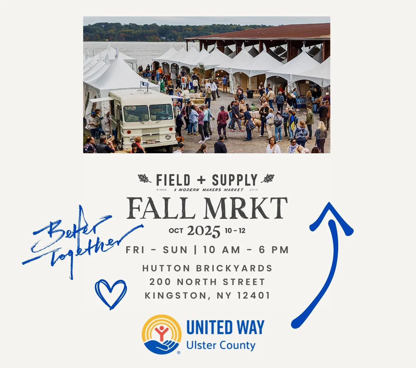 We&rsquo;re here at the Field + Supply Fall Market at Hutton Brickyards in Kingston! 🍂✨

Join United Way of Ulster County all weekend long &mdash; Friday, Saturday, and Sunday (October 10&ndash;12) &mdash; for United in Care, an interactive communit