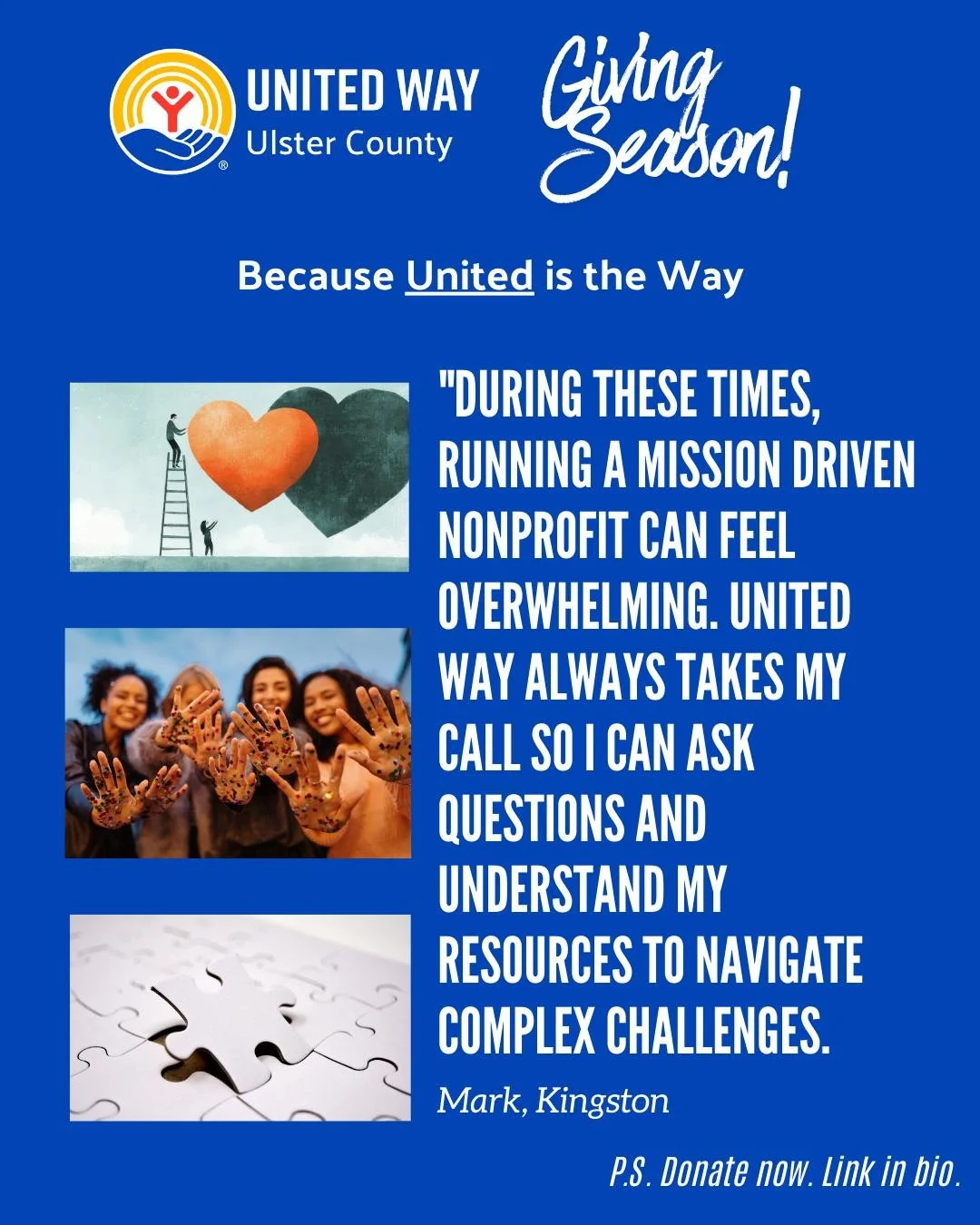 Behind every strong community are strong nonprofits. Your support helps United Way provide resources, guidance, and connection to the organizations serving Ulster County every day.
Support our local nonprofit network &mdash; make your year-end gift t