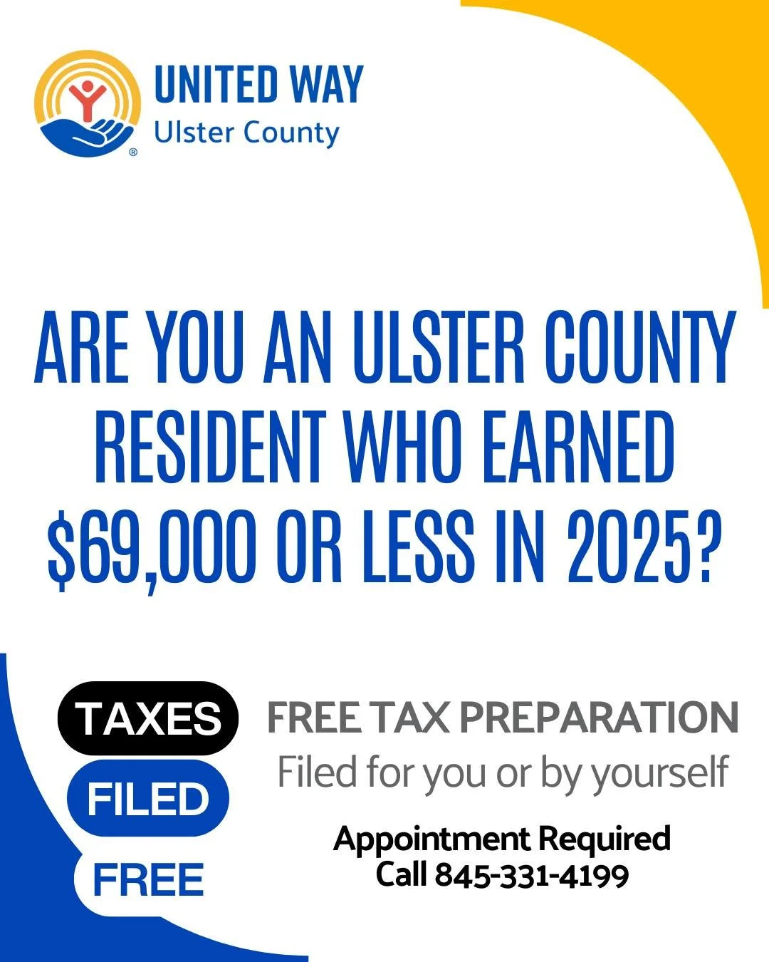 Tax season doesn&rsquo;t have to be stressful! 💙

If you are a resident of Ulster County and earned $69,000 or less in 2025, you can get your taxes filed for FREE with help from trusted, trained volunteers.

📅 Appointments are required
📞 Call 845-