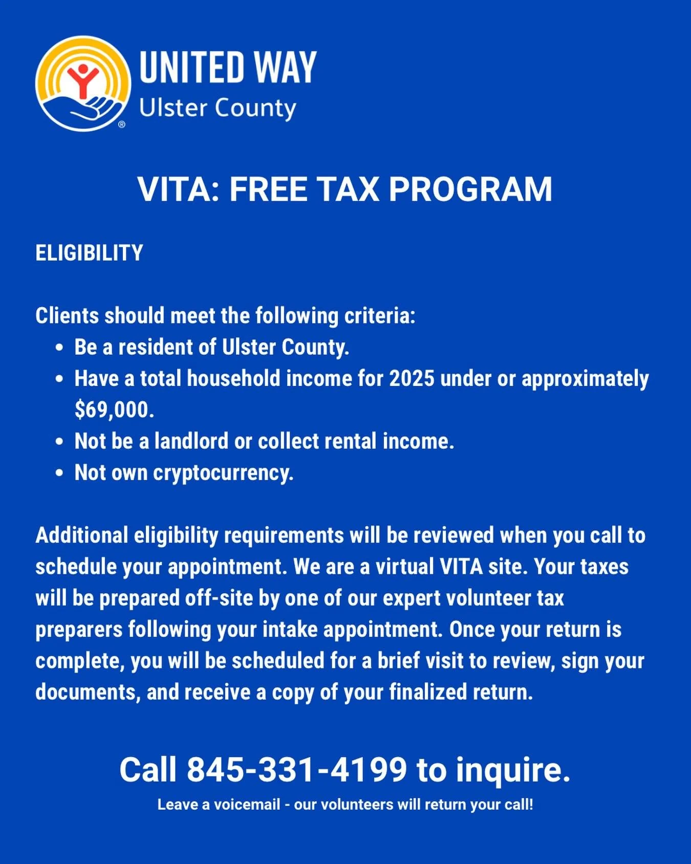 💙 Need help filing your taxes? We can help &mdash; for FREE!
United Way of Ulster County&rsquo;s VITA Free Tax Program is here to support eligible Ulster County residents with expert, volunteer-prepared tax returns at no cost.
You may qualify if you