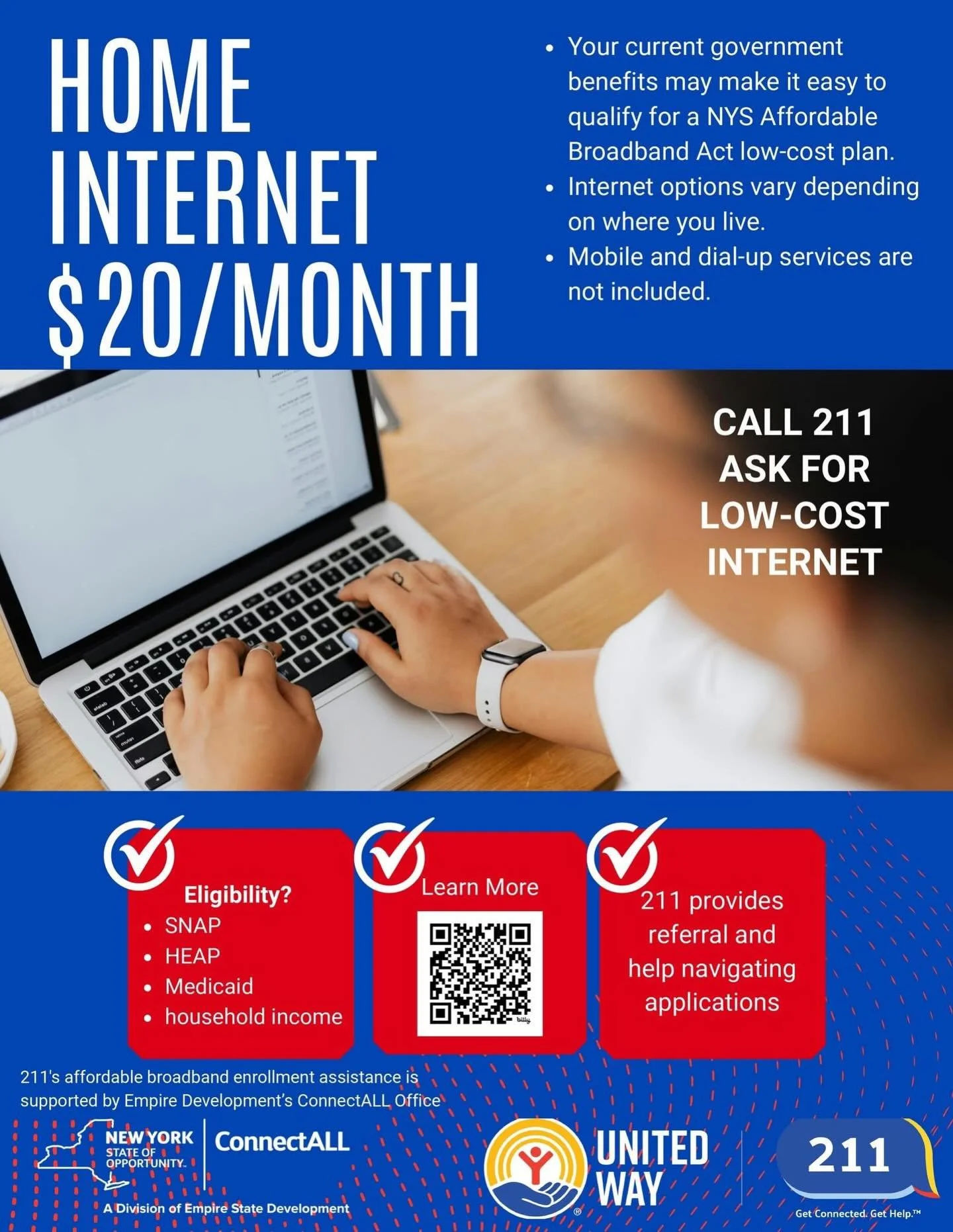 💻 Home Internet for $20/Month? It&rsquo;s Possible.
Through the NYS Affordable Broadband Act, eligible households may qualify for low-cost home internet.
You may qualify if you receive:
✔️ SNAP
✔️ HEAP
✔️ Medicaid
✔️ Or meet household income guideli