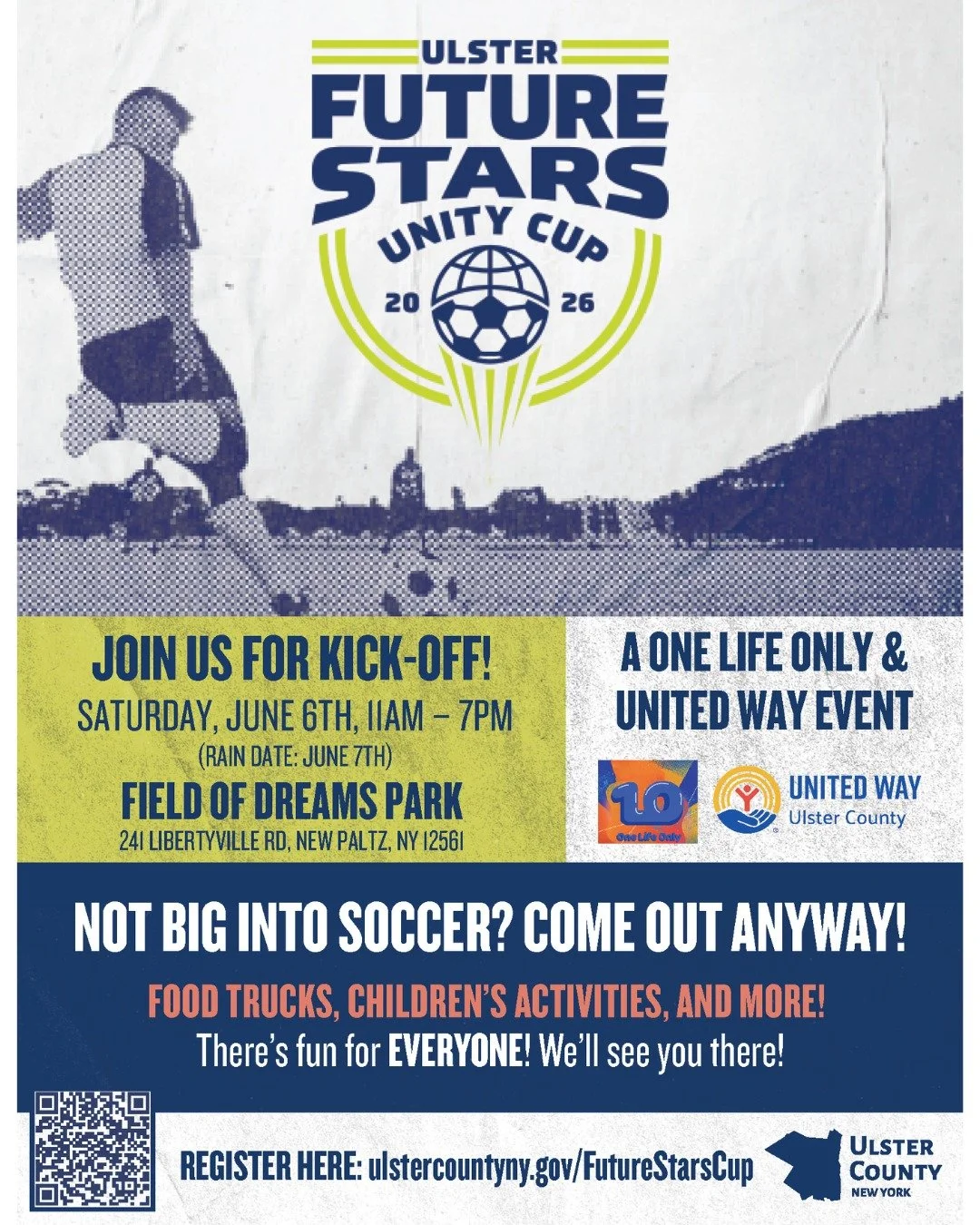 ⚽🌟 Join us for the inaugural Ulster Future Stars Unity Cup 2026! 🌟⚽

Mark your calendars for Saturday, June 6, 2026, from 11 AM&ndash;7 PM at Field of Dreams Park in New Paltz for a day of soccer, community, and fun for all ages!

Not big into socc