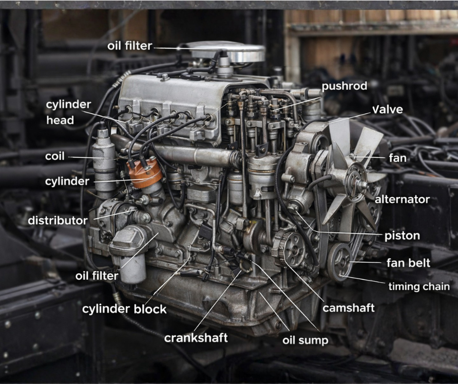A labeled image of an internal combustion engine showing parts like oil filters, cylinder head, coil, cylinder, distributor, cylinder block, crankshaft, oil sump, camshaft, oil filter, pushrod, valve, fan, alternator, piston, fan belt, and timing chain.