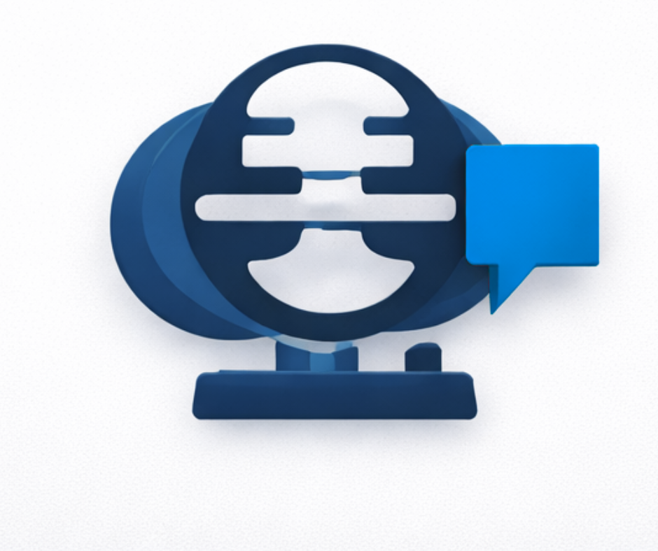 3D blue and white digital icon of a person with glasses and a speech bubble.