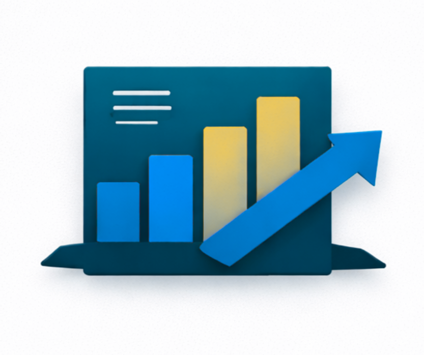 A 3D illustration of a bar chart with blue and yellow bars and a rising blue arrow indicating growth or success.