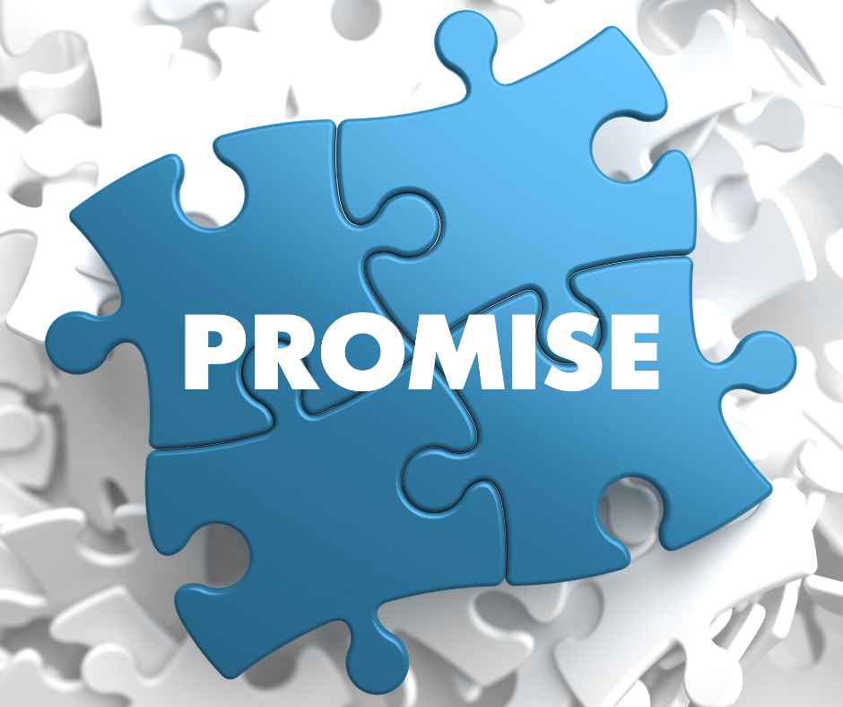 Blue puzzle piece with the word 'PROMISE' written on it, surrounded by white puzzle pieces.