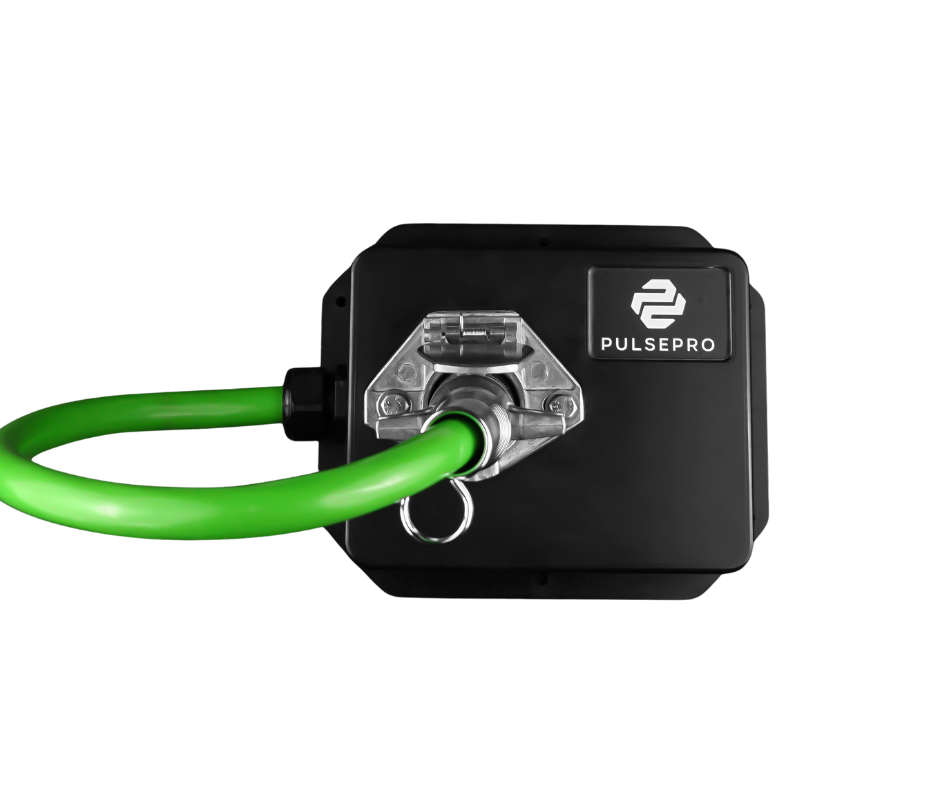 A PulsePro electrical device with a green cable connected to it, mounted on a black box with a label reading PulsePro and the number 2.