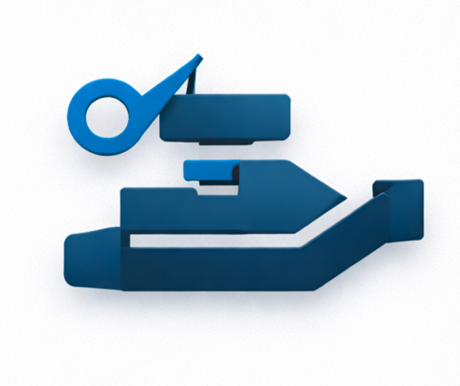 Blue abstract object resembling a handshake with a check mark.