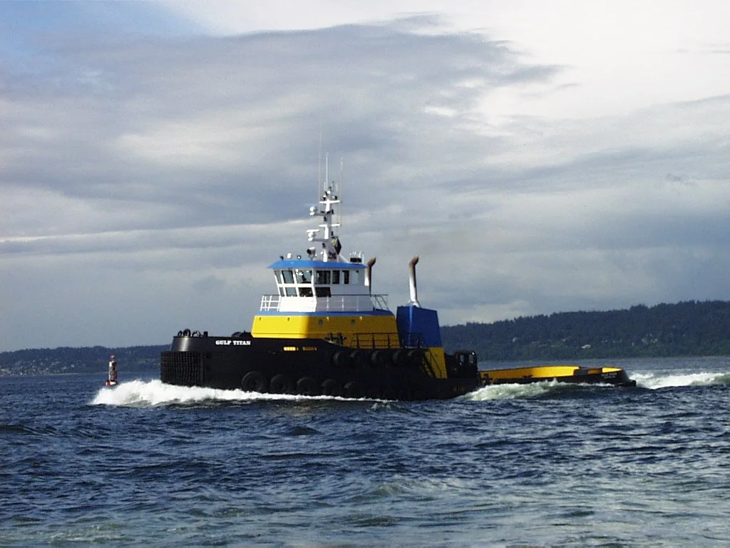 The Gulf Titan, of Western Towboat, sails through the Puget Sound. The Gulf Titan has the E-Lights system installed.
