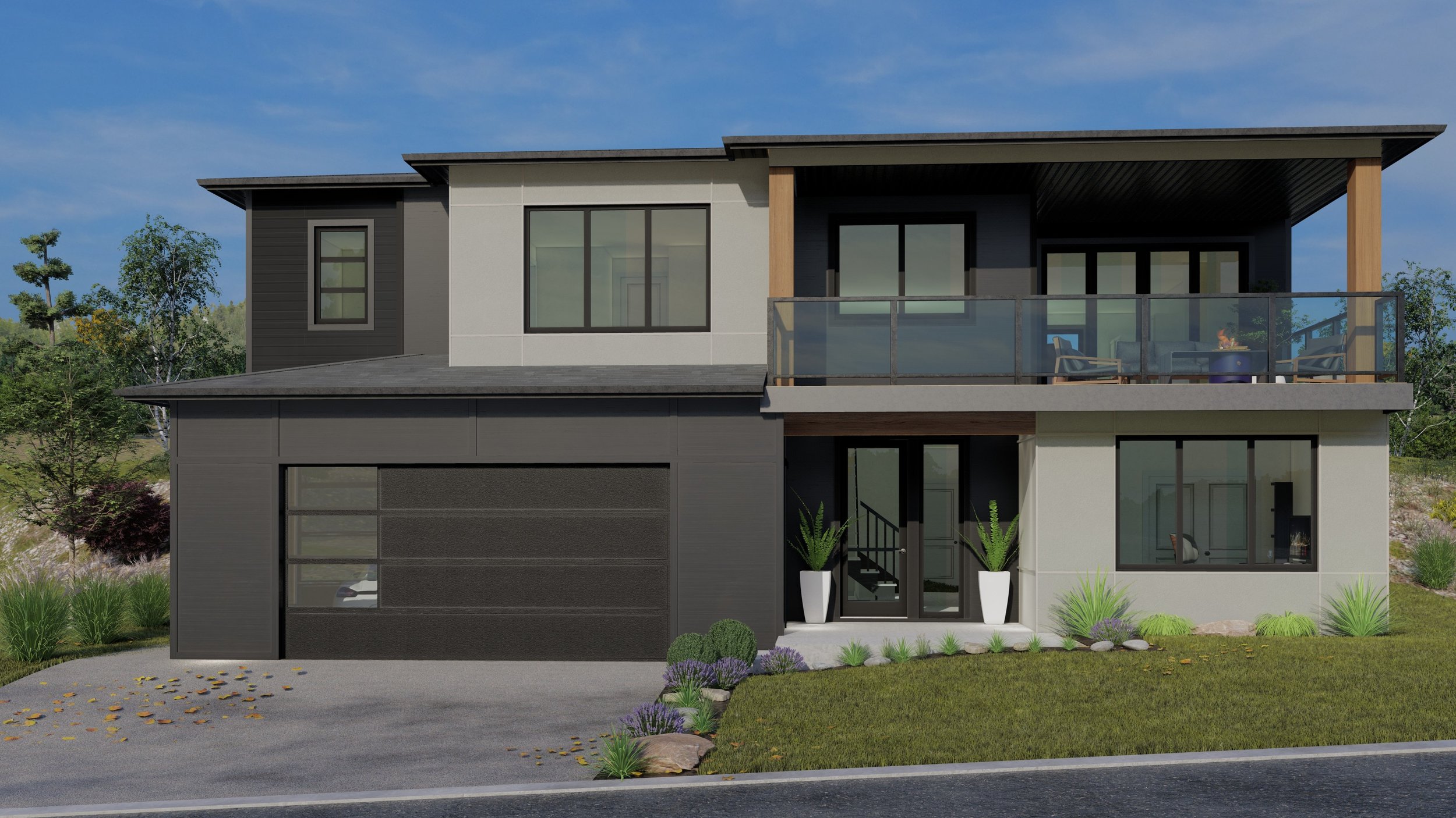 Modern Ground-level home with a gray and white exterior, large windows, a balcony with glass railing, a garage, and landscaped front yard.
