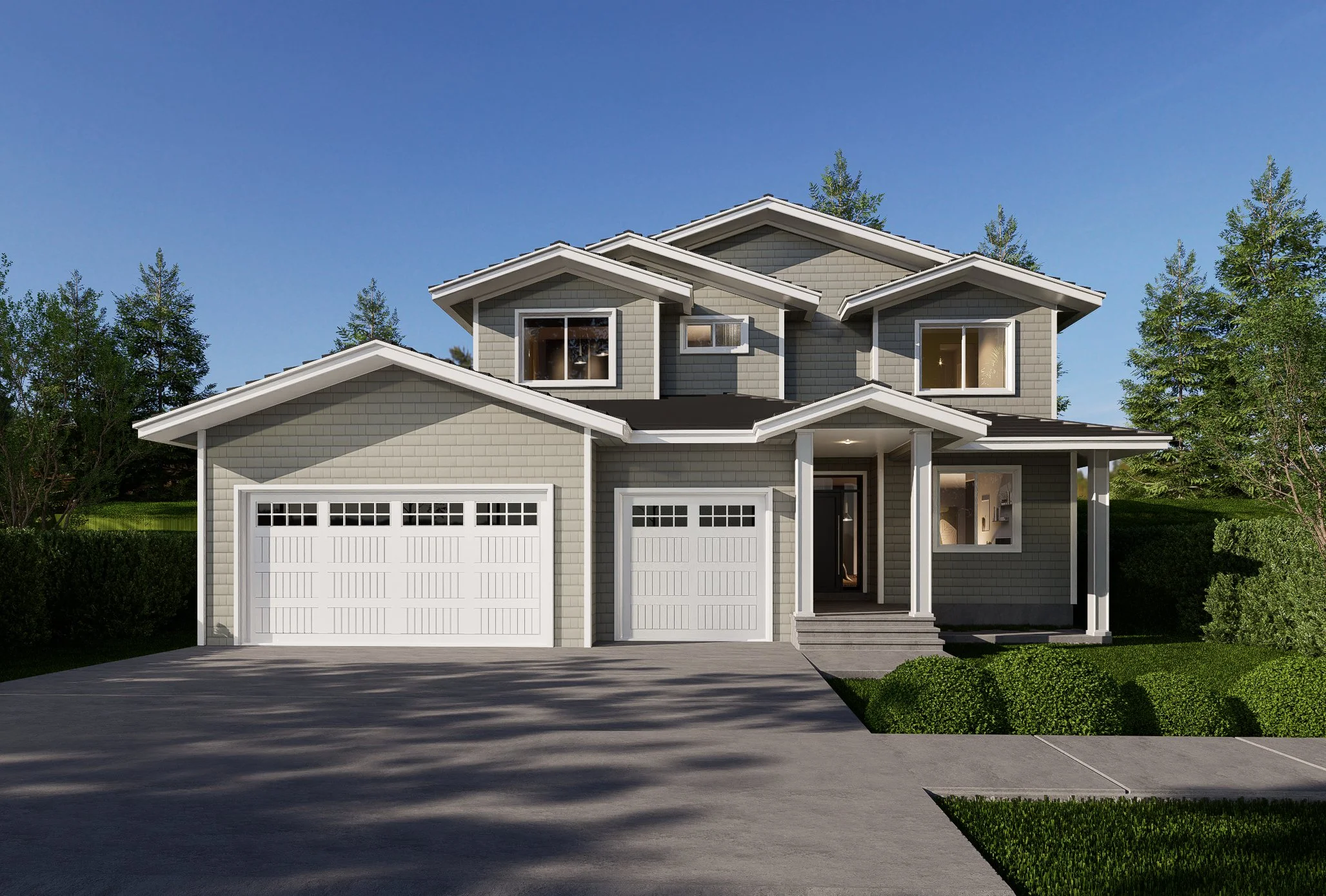 Modern two-story house with gray exterior, white garage doors, front porch with steps, surrounded by green lawn and trees