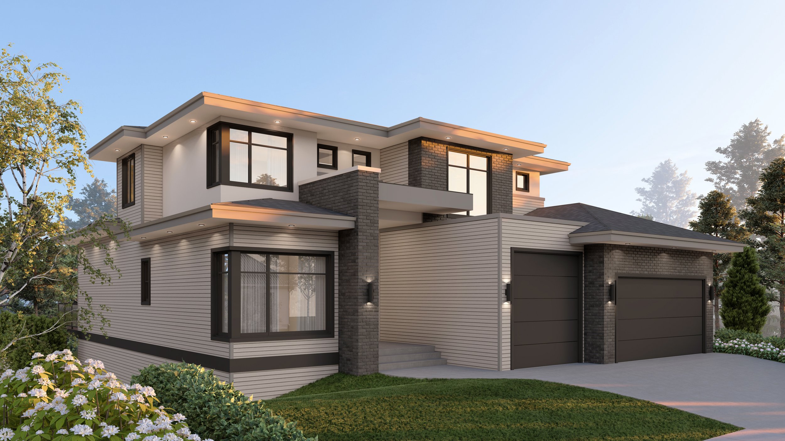 Modern two-story house with a landscaped front yard and driveway, featuring large windows, a combination of brick and siding exterior, and contemporary architectural design.