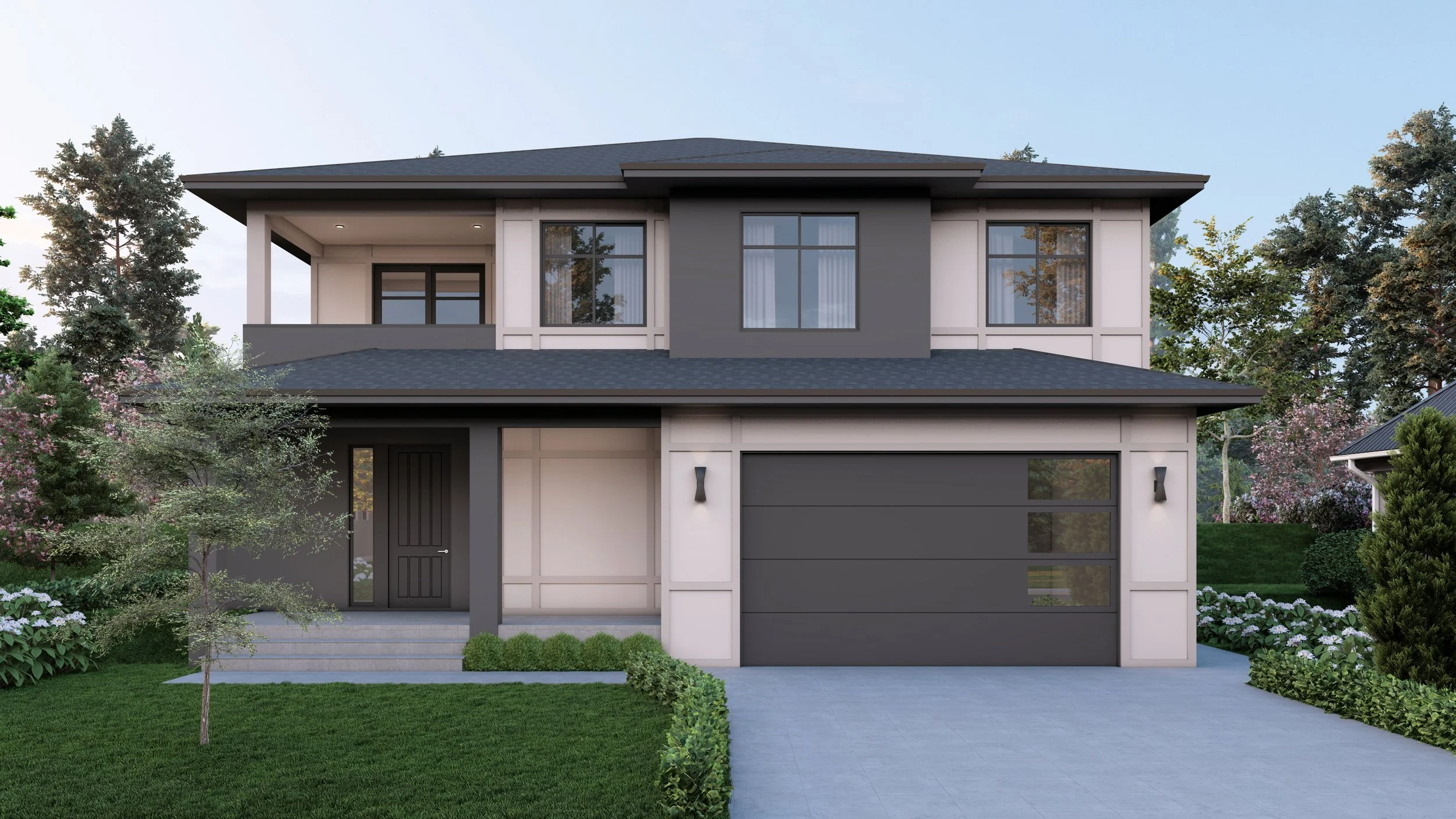 Modern two-story house with dark gray and white exterior, large windows, garage, and landscaped front yard with trees and bushes.