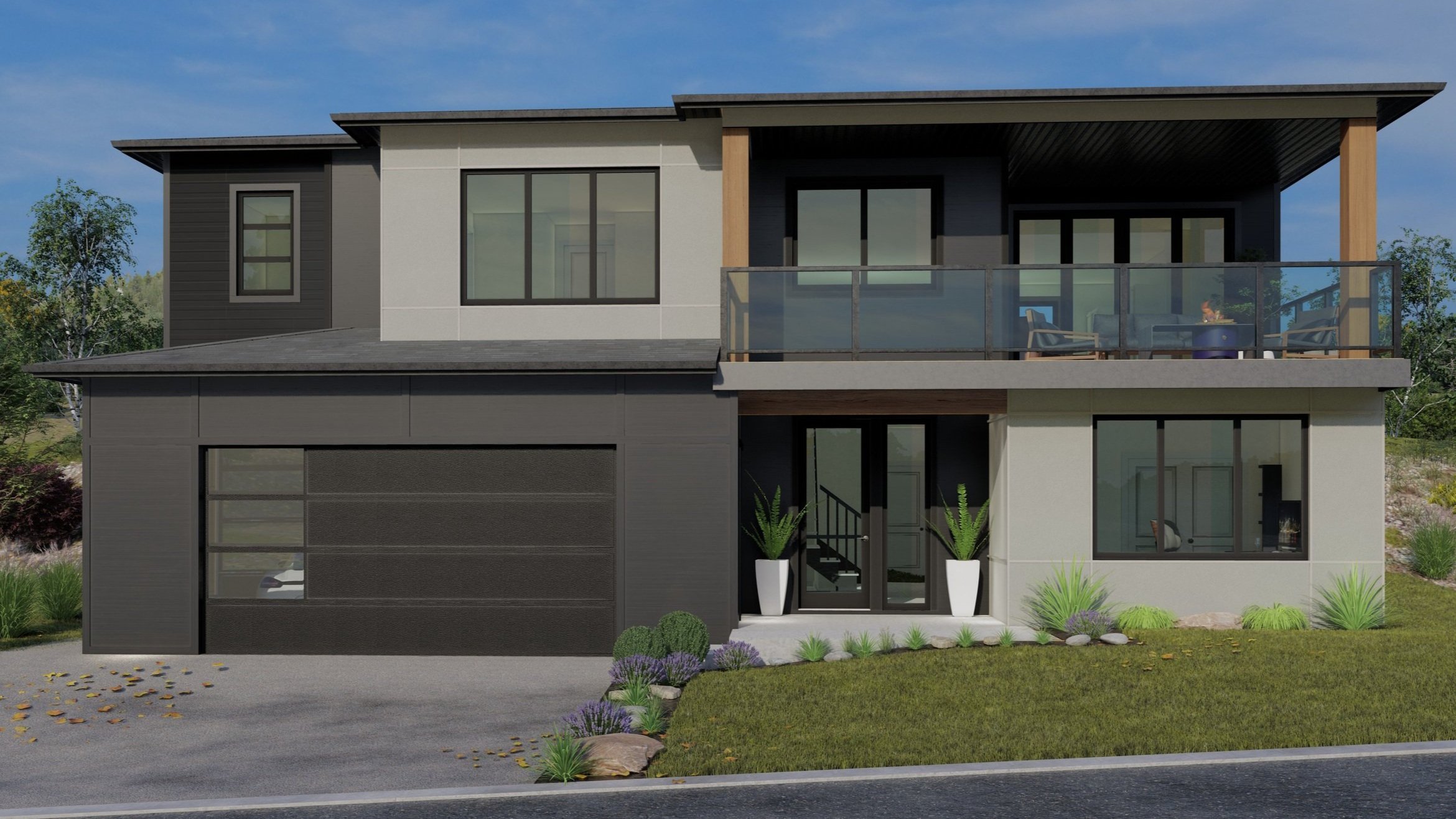 Modern two-story house with gray and white exterior, large windows, a balcony with glass railing, driveway, and landscaped front yard with plants and rocks.