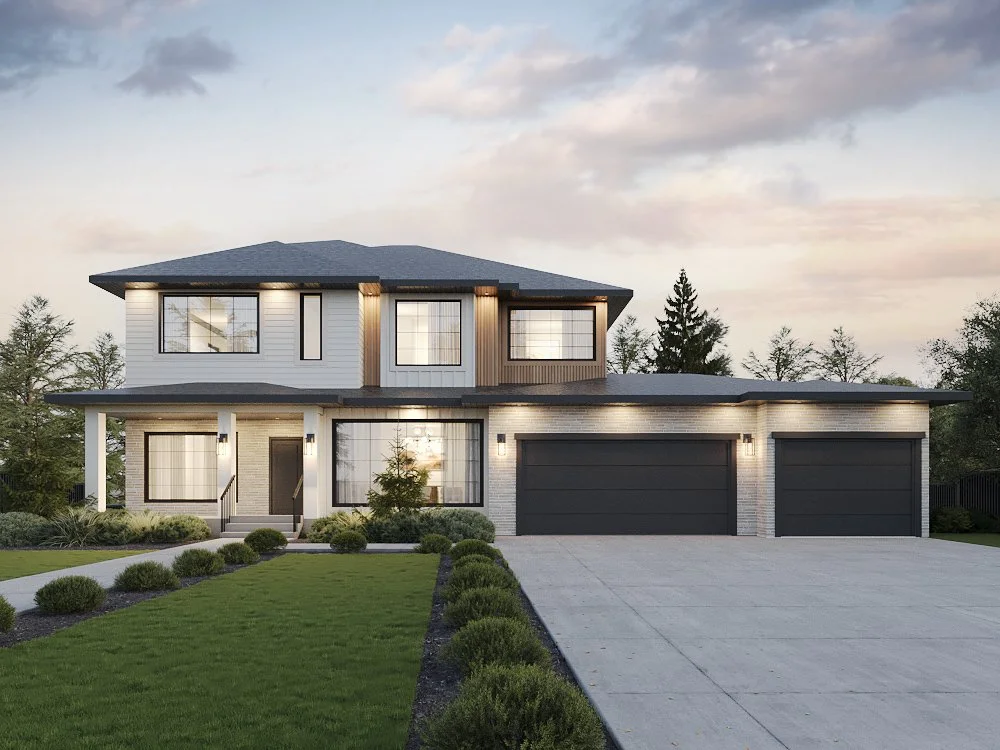 Modern two-story house with a three-car garage, white exterior with charcoal accents, manicured lawn, and cloudy sky.