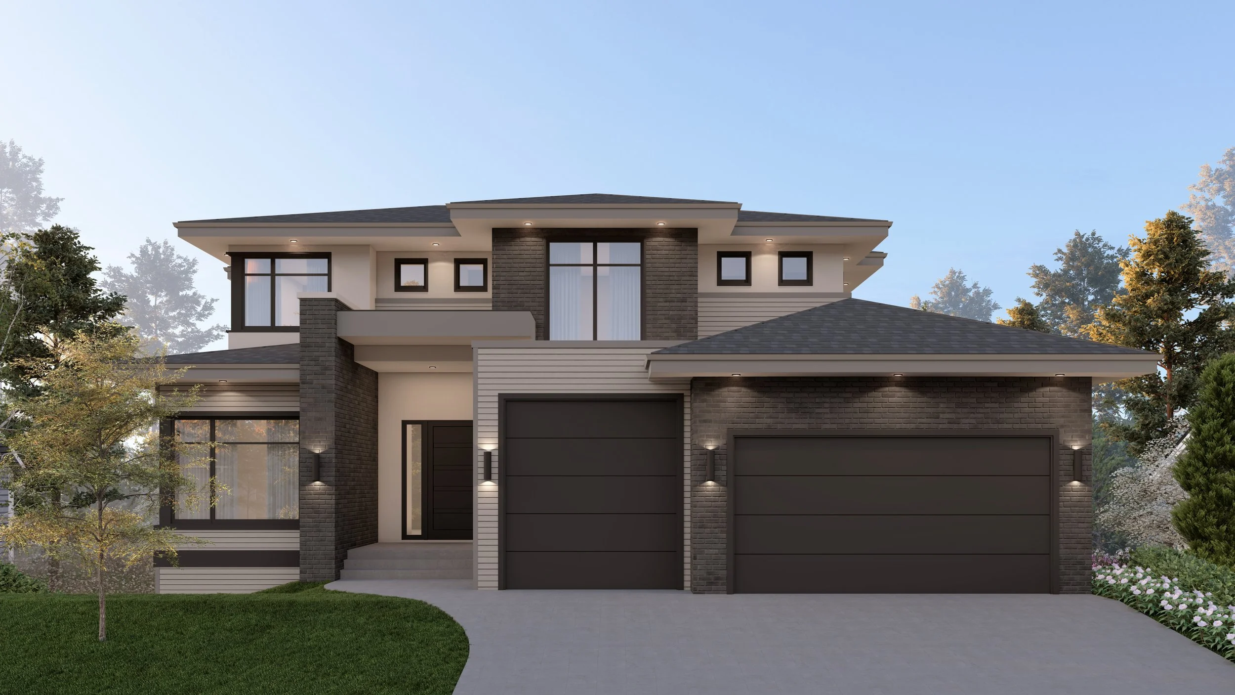 Modern two-story house with dark gray garage doors, black window frames, and a landscaped front yard, set against a clear blue sky.