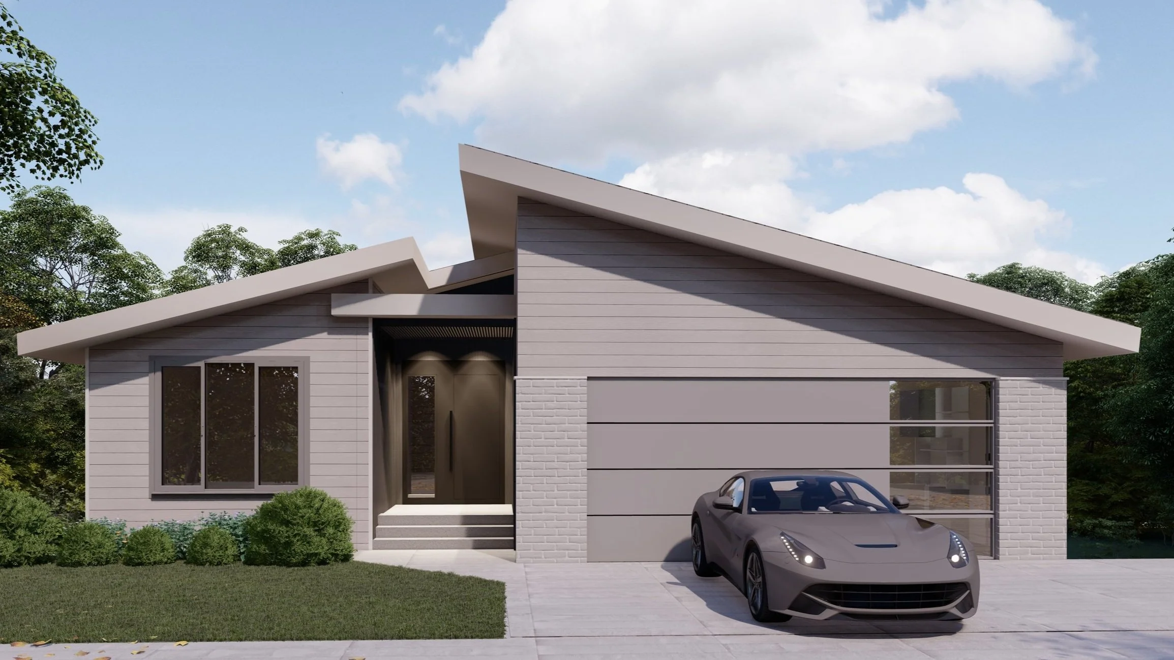 Modern house with a sloped roof, gray exterior, and a black sports car parked in front.