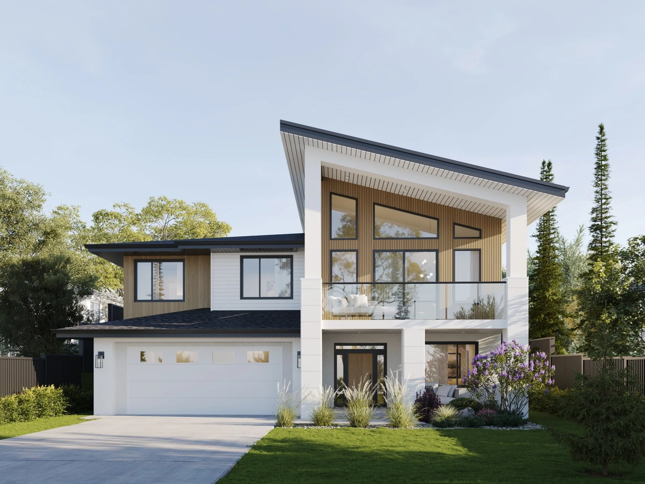 Stunning ground-level Custom home with large windows, a garage, and landscaped front yard with trees and shrubs. Located in Headland Heights!