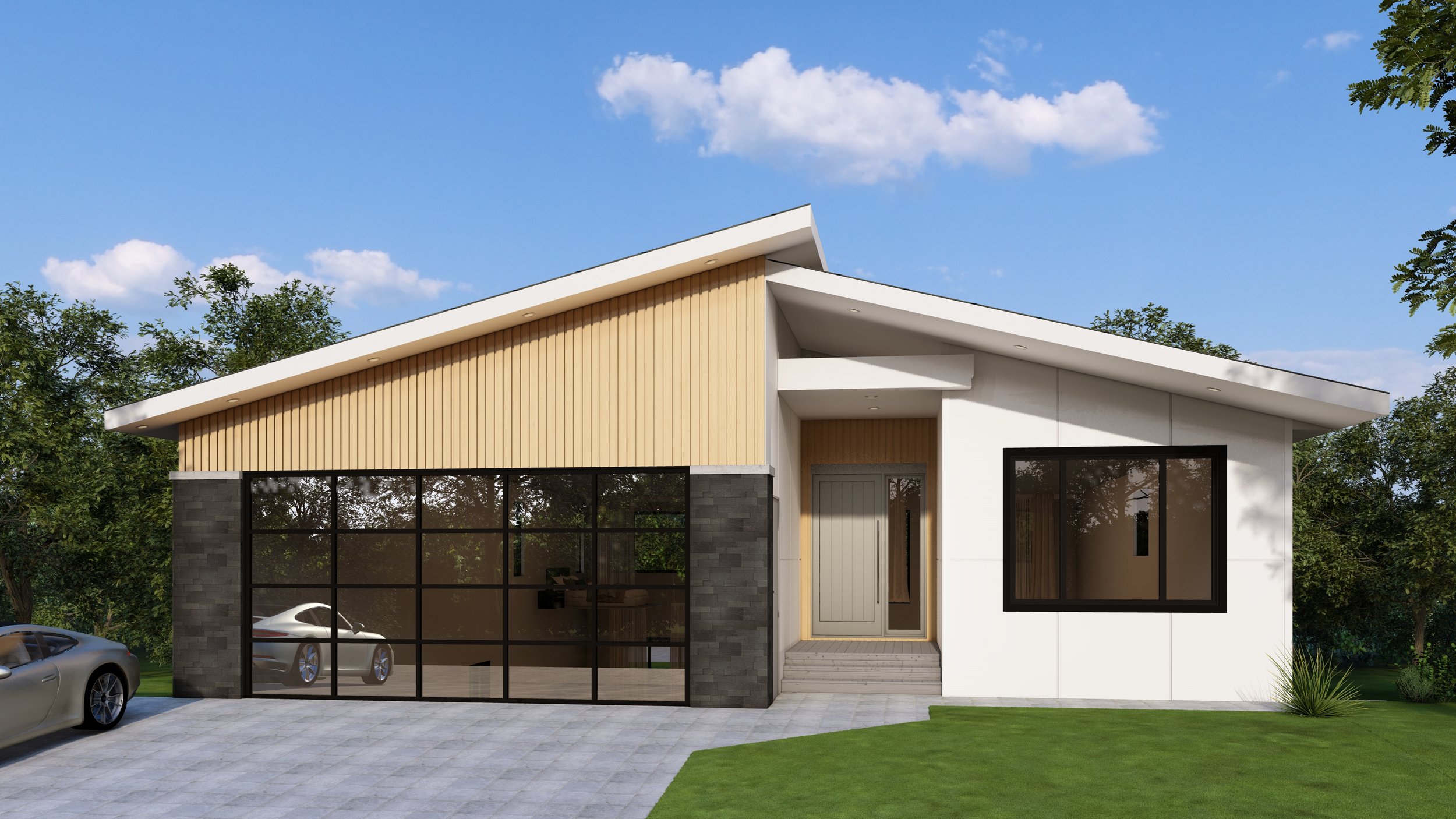 Modern rancher-style house with a sloped roof, large glass garage door, and front door, surrounded by green grass and trees, under a blue sky with white clouds.