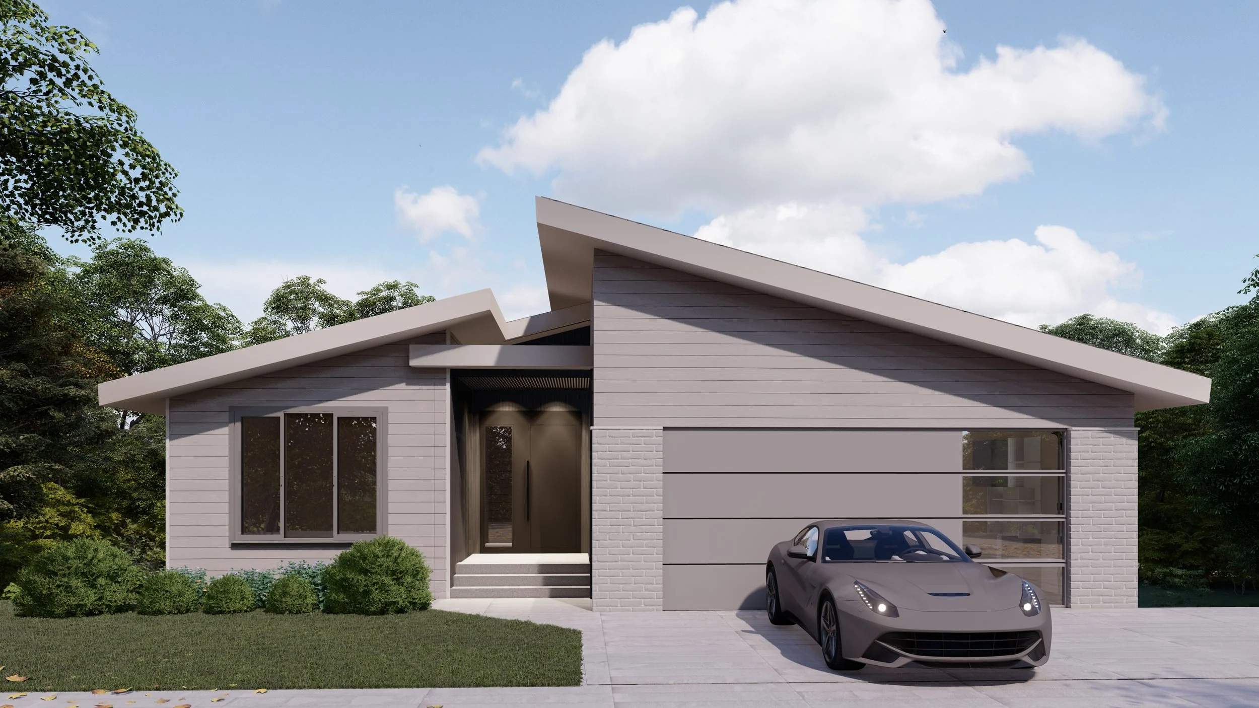 Rancher-Style house with a sleek design, gray exterior, large window, located in University Heights