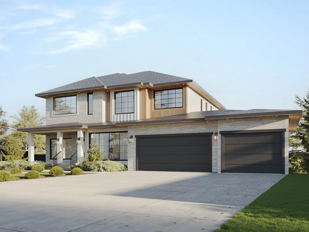 Modern two-story house with a gray roof, large windows, and a three-car garage, surrounded by a landscaped yard with bushes and trees.