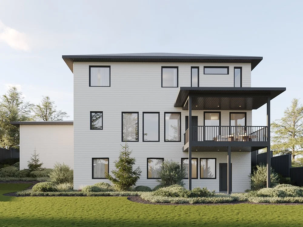 Modern three-story white house with black trim and a balcony, surrounded by green lawn and bushes.