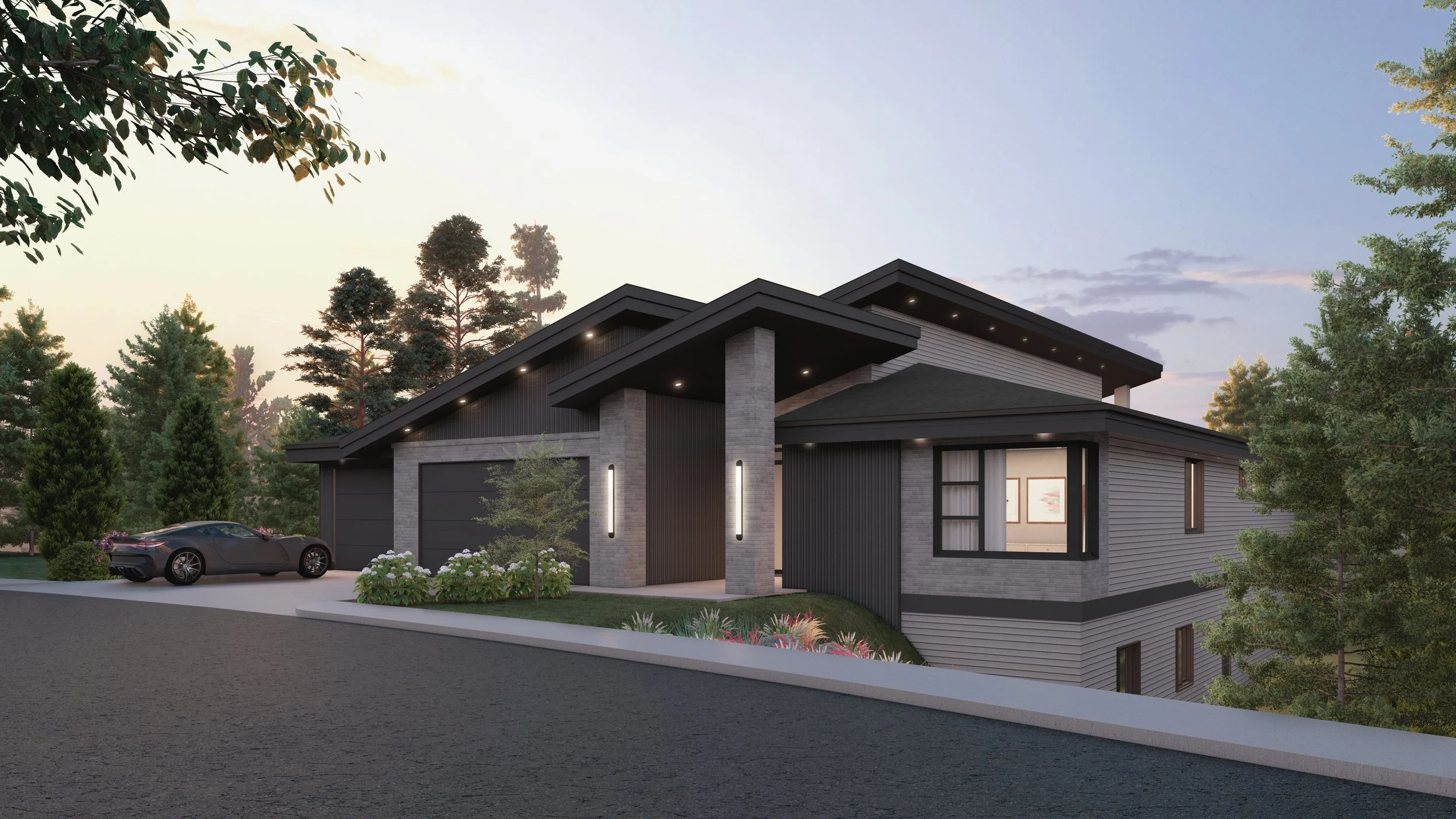 Modern Rancher-Style house with 3 car garage, gray cladding and stones, black accents, and a garage, surrounded by trees and landscaped yard, during dusk.