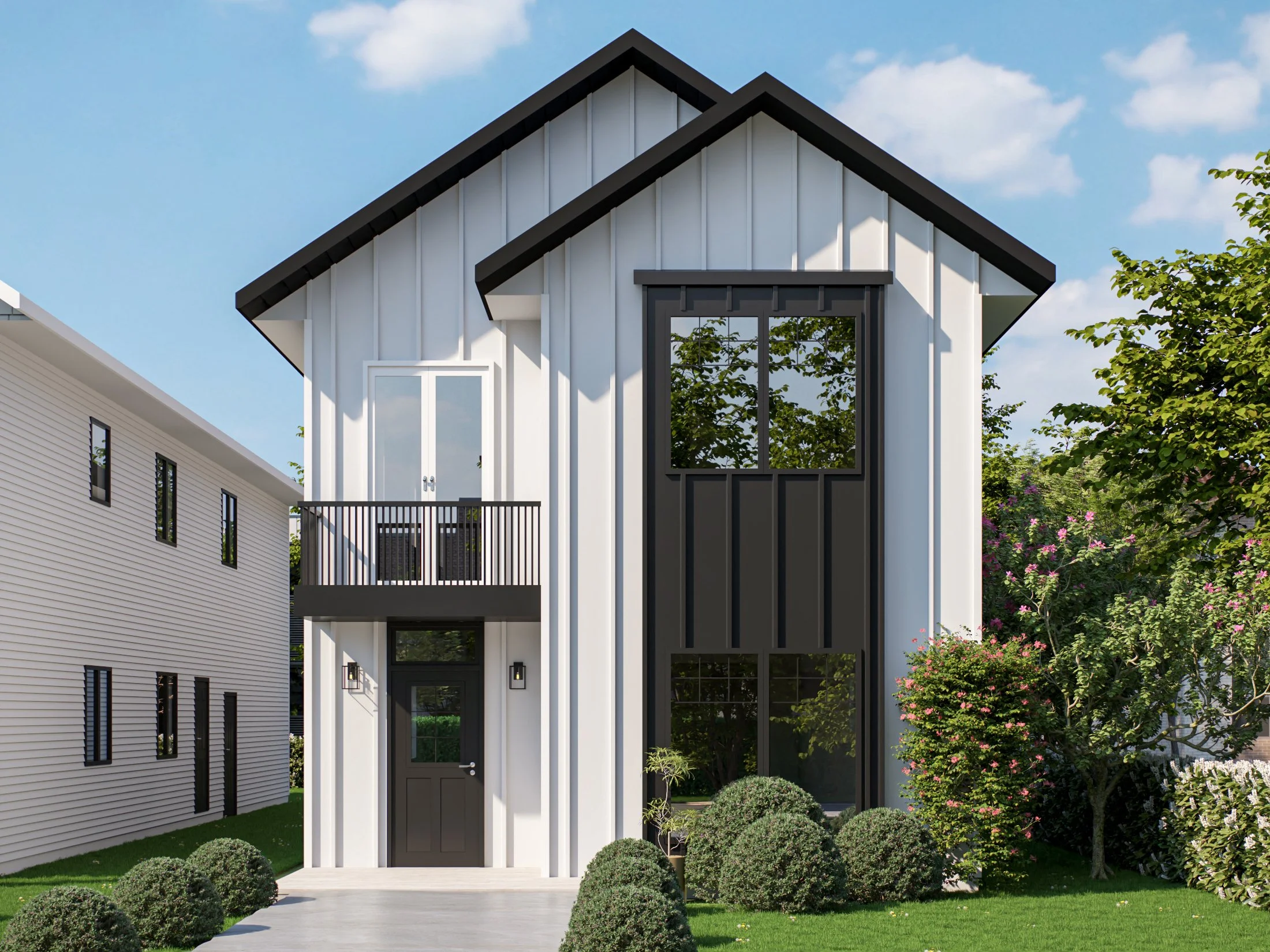 Modern two-story house with white vertical siding, black trim, large windows, a small balcony, and a landscaped front yard.