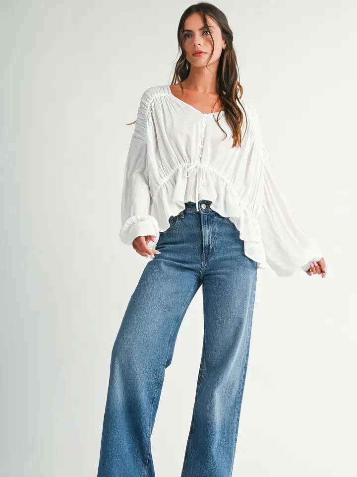 Textured Button Front Peplum Blouse