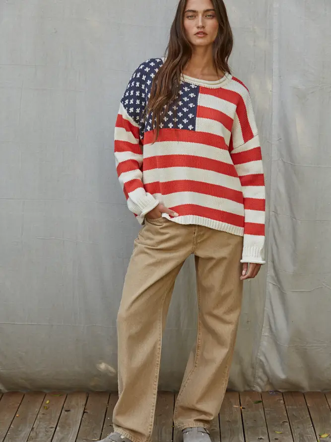 Knit Sweater Polyester American Flag Striped Top