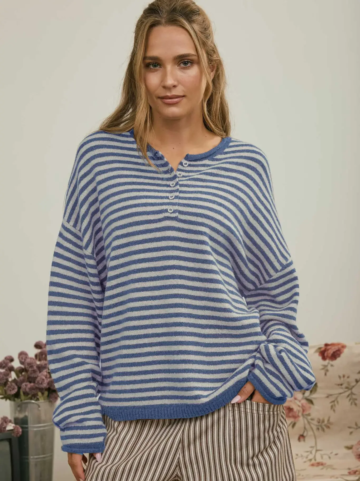 Button Henley Stripe Long Sleeve Drop Shoulder Sweater