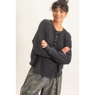 Mineral Wash Waffle Knit Henley Top