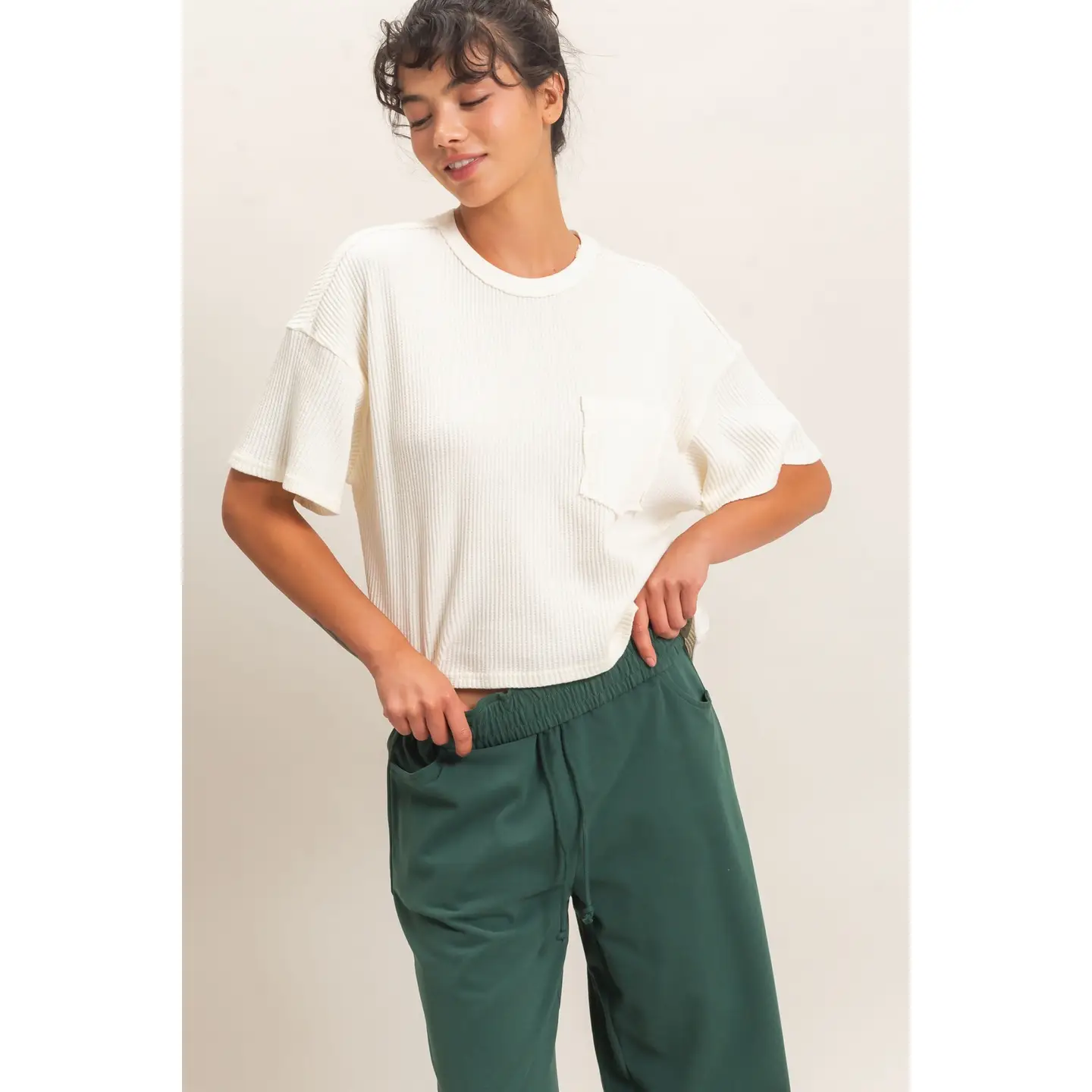 Mineral Wash Waffle Knit Pocket Top